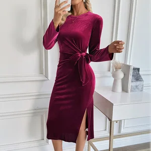 Elegant Velvet Dress for Women Wrap O Neck Long Sleeve Split Bodycon Ruched Cocktail Party Midi Dress