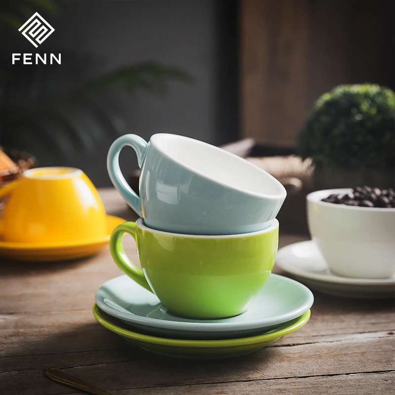 FENN exquisite glossy colorful cheap tea coffee cups and saucers / ceramic cup and saucer set for coffee shop