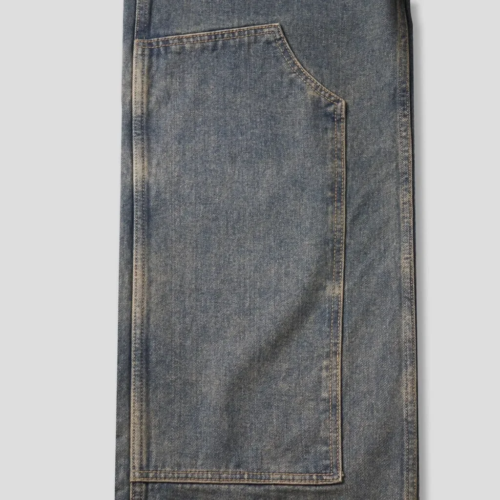 Men Street Wear Manufacturer Baggy Denim Washed Dying Double Knee Zipper Jeans Pants
