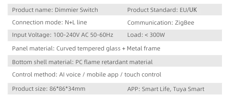 Smart Dimmer Switch Touch APP Voice Control Supports Tuya/Google/Alexa Zigbee Dimming Timer for Waterproof
