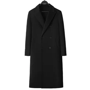 Autumn Winter Double Breasted Overcoat Men Woolen Black Knee Long Coat Shell Single Button Closure Stand Collar Blazer Youth