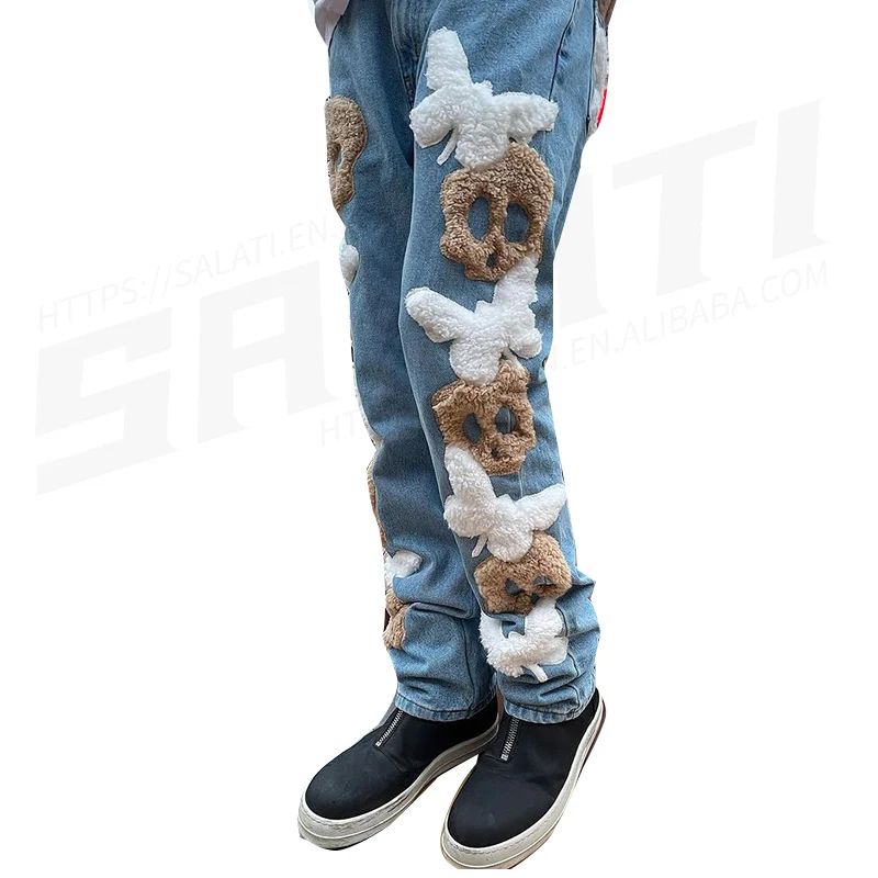 Custom Streetwear Trousre Cotton Fluffy Embroidery Patch High Wais Stretch Button Mens Denim Jeans Pants gallery 3