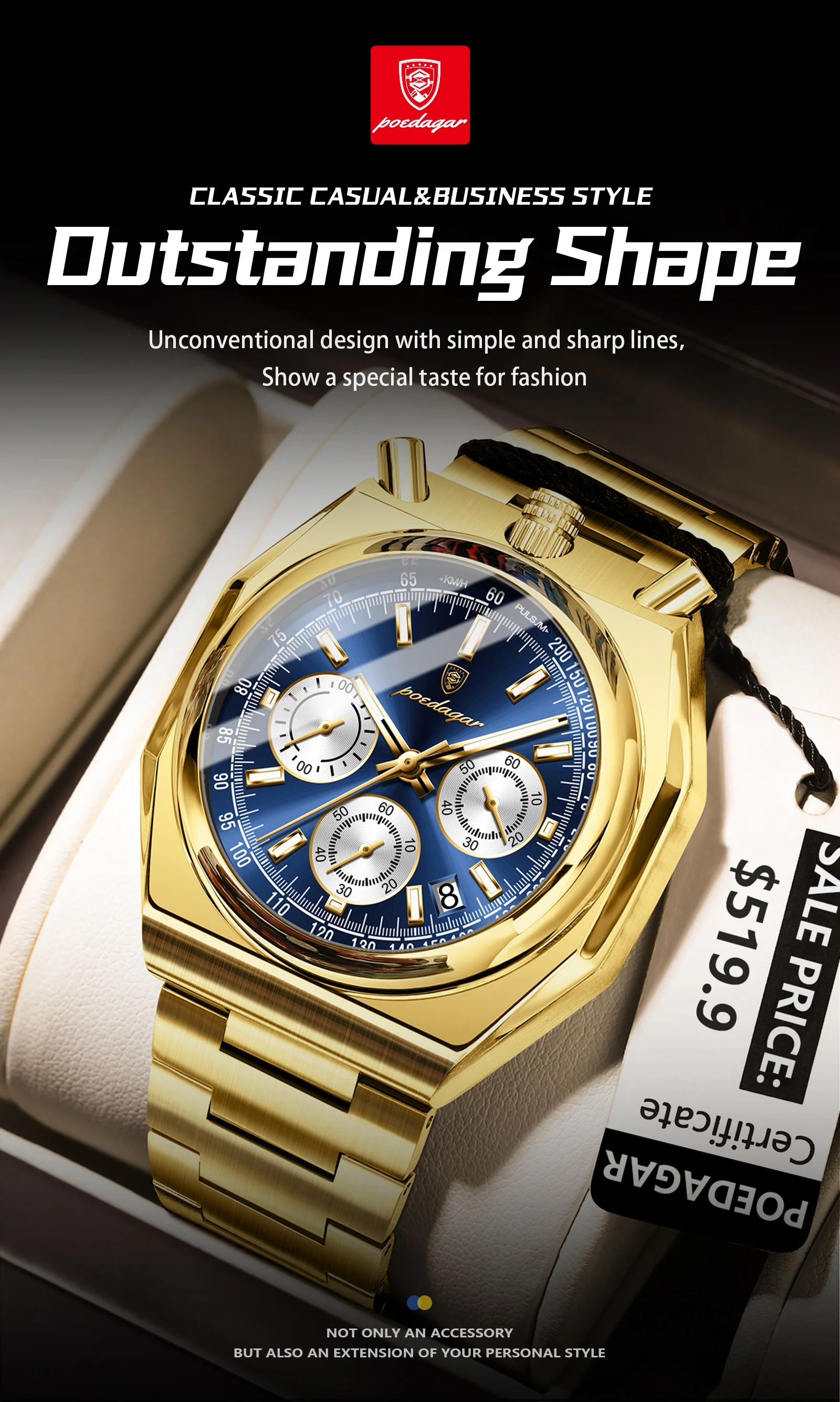 Poedagar 897 Chronograaf Heren Quartz Horloges Lichtgevende Wijzers Drie Ogen Wijzerplaten Mode Multifunctionele Lichtgevende Waterdichte Horloges