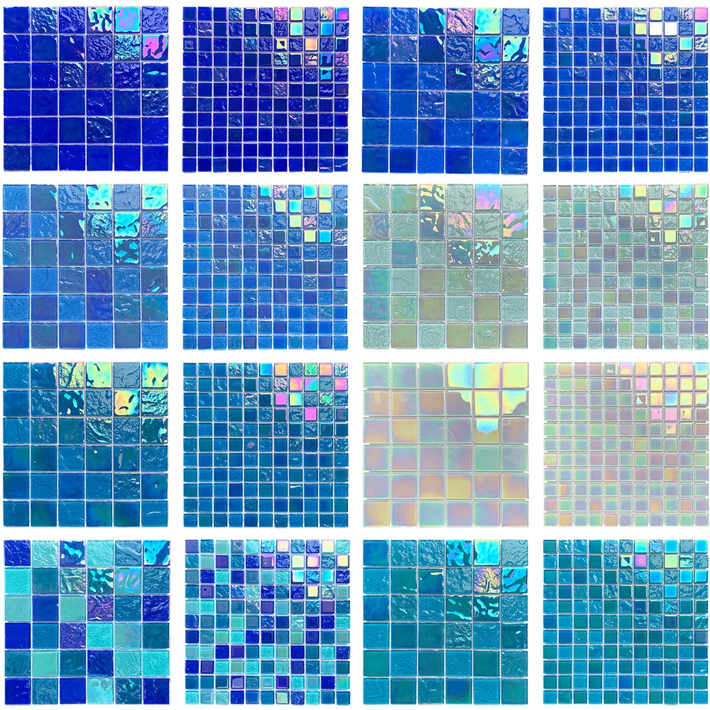 Cheap wholesale green white pink blue iridescent crystal glass swimming pool mosaic tile use for Bathroom outdoor floor and wall factory