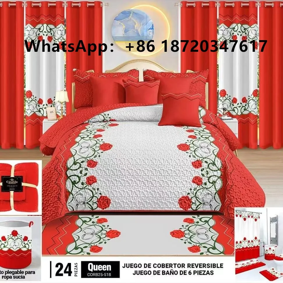 Ready To Ship 22 Pieces Quilted Bedspread With Curtain And Bathroom Set