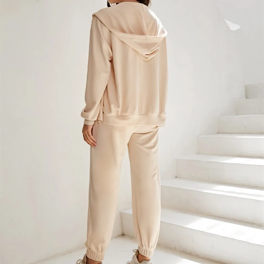 Zip up Drop Shoulder Drawstring Hoodie and Sweat Pant Set Women s Clothing Manufacturer OEM