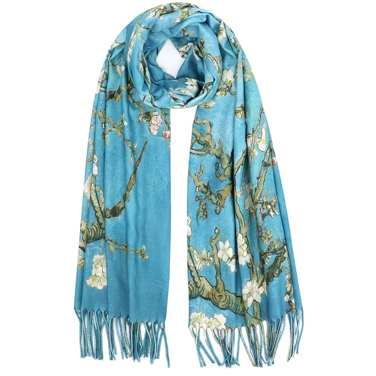 Reversible Winter Pashmina Scarf-Double-Sided Cashmere Feel Shawl Wrap Monet Van Gogh Art Printing Durable Windproof Women's