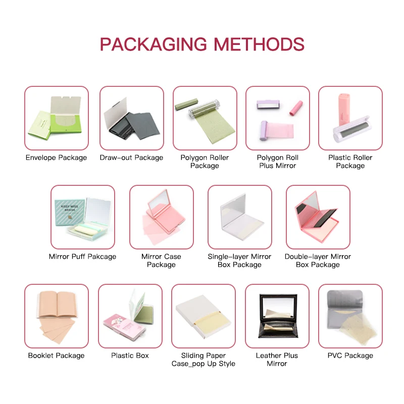 Custom logo Oil Blotting Paper with Puff Mirror case Rice Paper Makeup Oil Absorbing Sheets