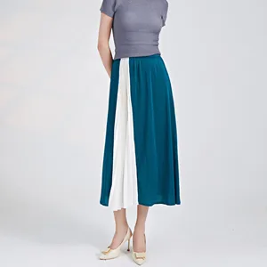 2025 Latest Design Pleated Midi Skirt Elastic Waist Color Block A-line Versatile and Slimming Summer Women's Skirt