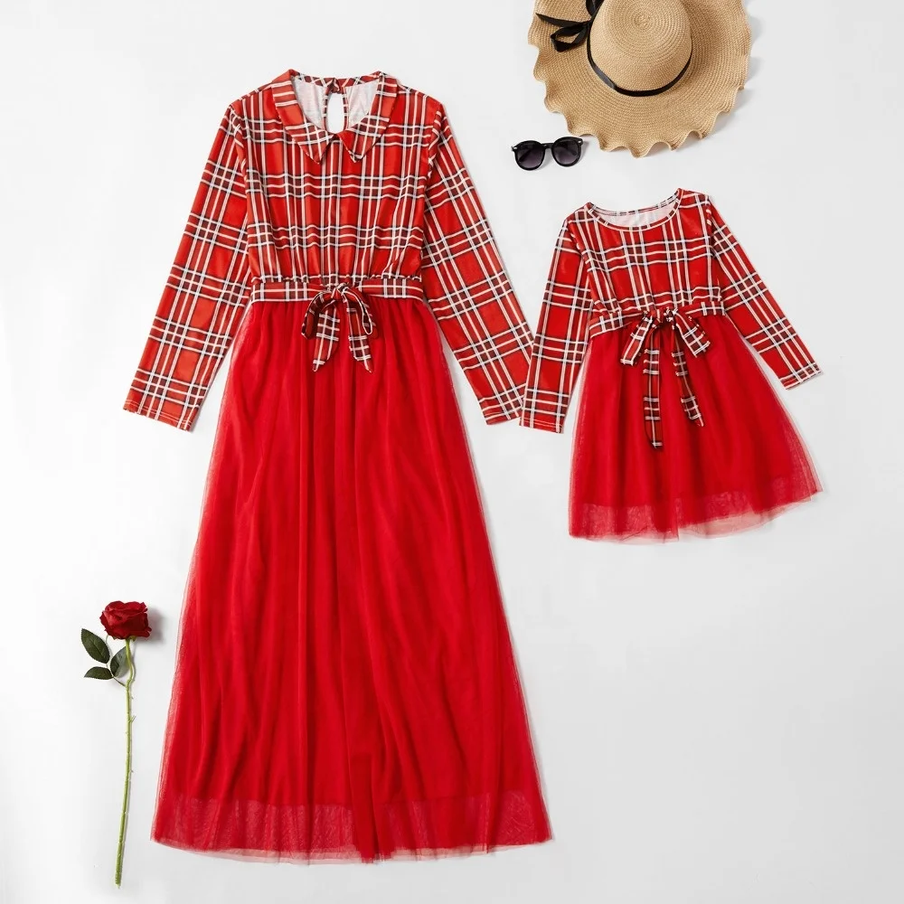 RTS Mommy and Me Red and Black Checker Xmas Plaid Design Outfits Mom and Me Christmas Dresses