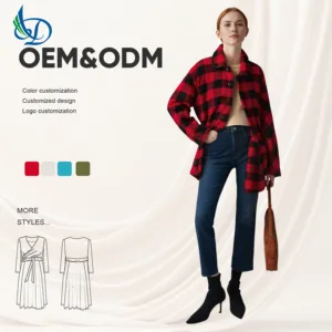 Women's Red and Black Button Warm Jacket Sheepskin Lapel Wool Soft Winter Casual Jacket Digital Dyeing