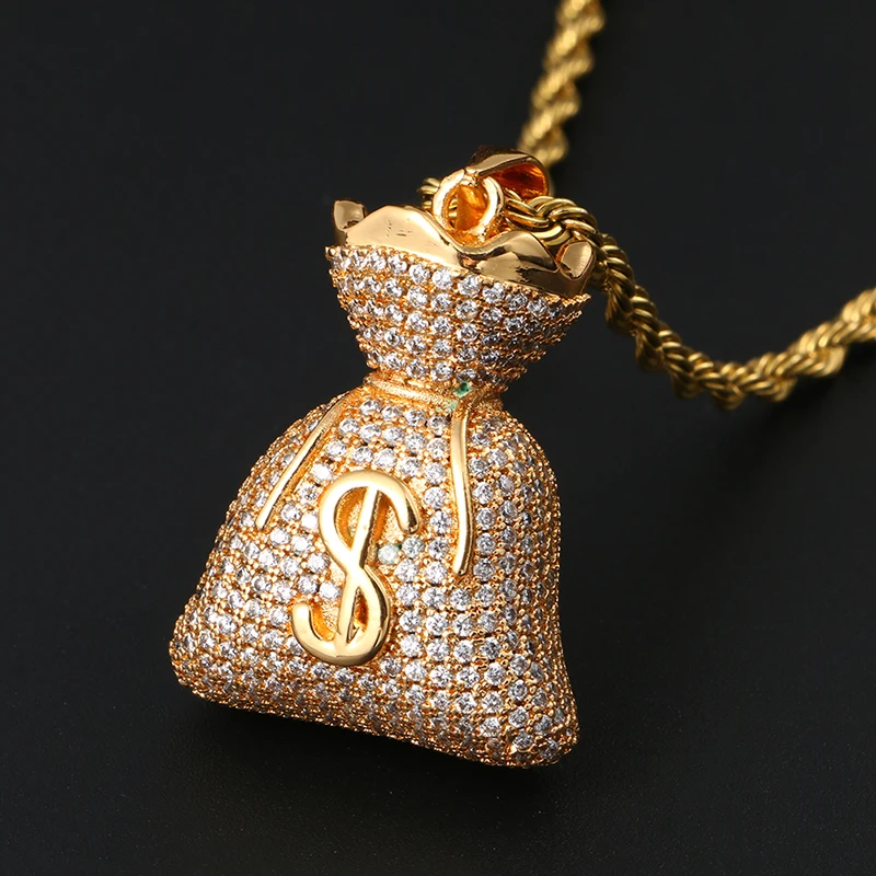 Hip Hop Gold Dollar Sign Money Bag Pendant Necklace