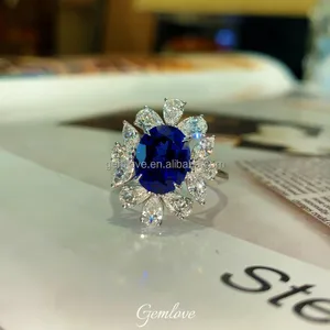 High Jewelry 3.76CT Lab Blue Sapphire Ring With 1.678CT White Lab Diamonds - PT950 Pear Cut, IGI Certified Engagement Jewelry
