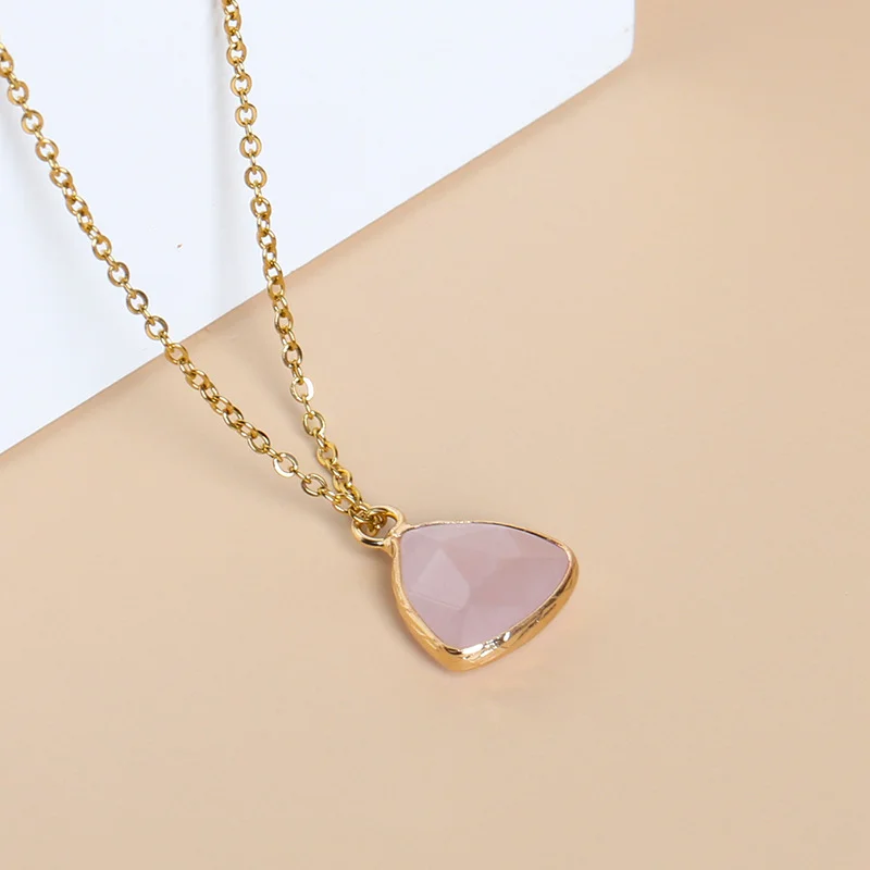 NUORO Temperament Gold Chain Triangle Shape Nature Stone Necklace Green Aventurine Rose Quartz Amethyst Pendant Necklace