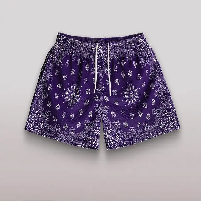 OEM Custom Summer Sweat Shorts Bandana Paisley Drawstring Short All Over Print Cotton Mesh Basketball Fitness Gym Running Short gallery 3