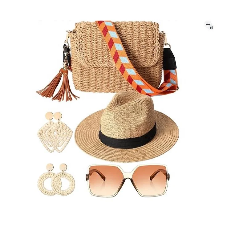 FSP216-2set 5 PCS Straw Beach Bag and Wide Brim Straw Sun  display picture 3