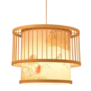 Round Bamboo Lampshade Height Adjustable Ceiling Light for Bedroom Retro Pendant Light Bamboo Rattan Hand Woven Chandelier Lamp