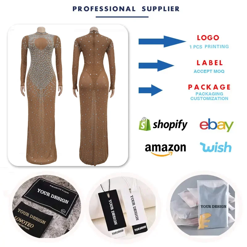 C6993 Latest Design Party Dresses Women Round Neck Beaded Rhinestone Long  Maxi Dresses Women Bodycon Evening Dresses