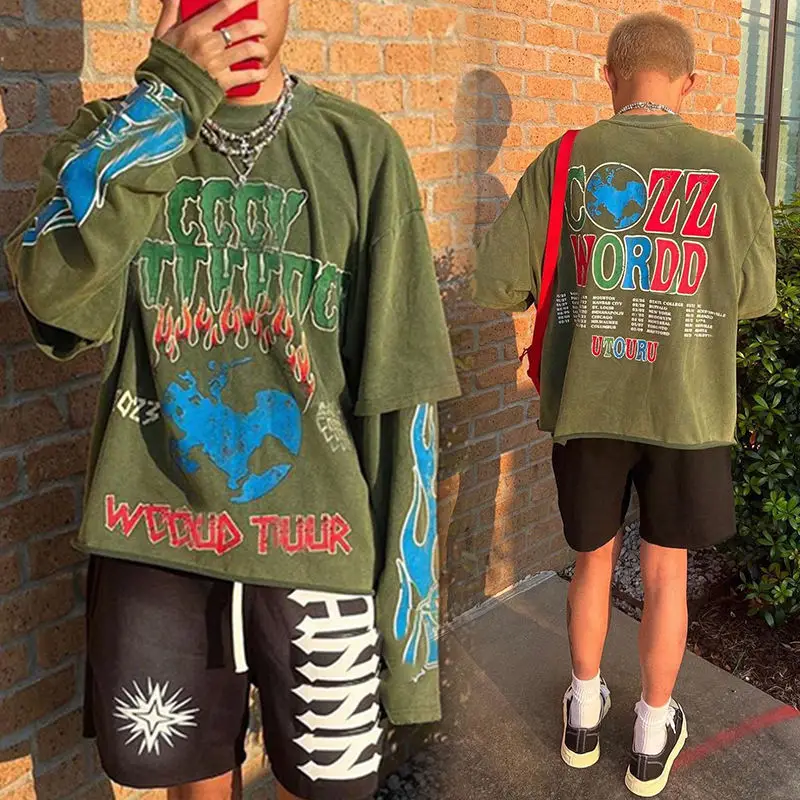 Custom Screen Print Long Sleeve Tee Double Layer Distressed Shirt Layered Long Sleeve T Shirt for Men