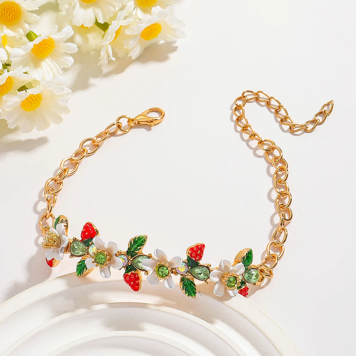 Elegant Strawberry Flower Enamel Bracelet