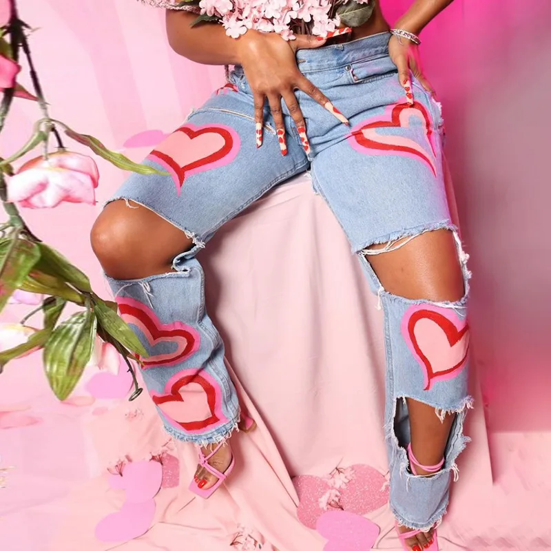 wholesale heart print denim cut out