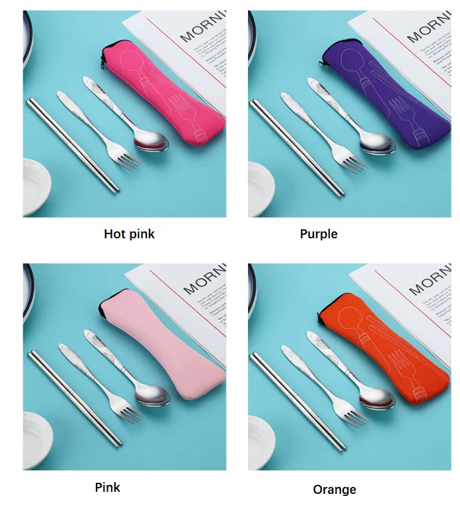 Stainless Steel Flatware Durable  304 Spoon Fork Knife With Cloth Pouch 3pcs or 4pcs Cutlery Set