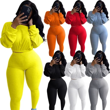 New Arrivals plus size Women Clothes 12 Colors Ribbed Two Piece Fall Sets Women 2Piece Outfits