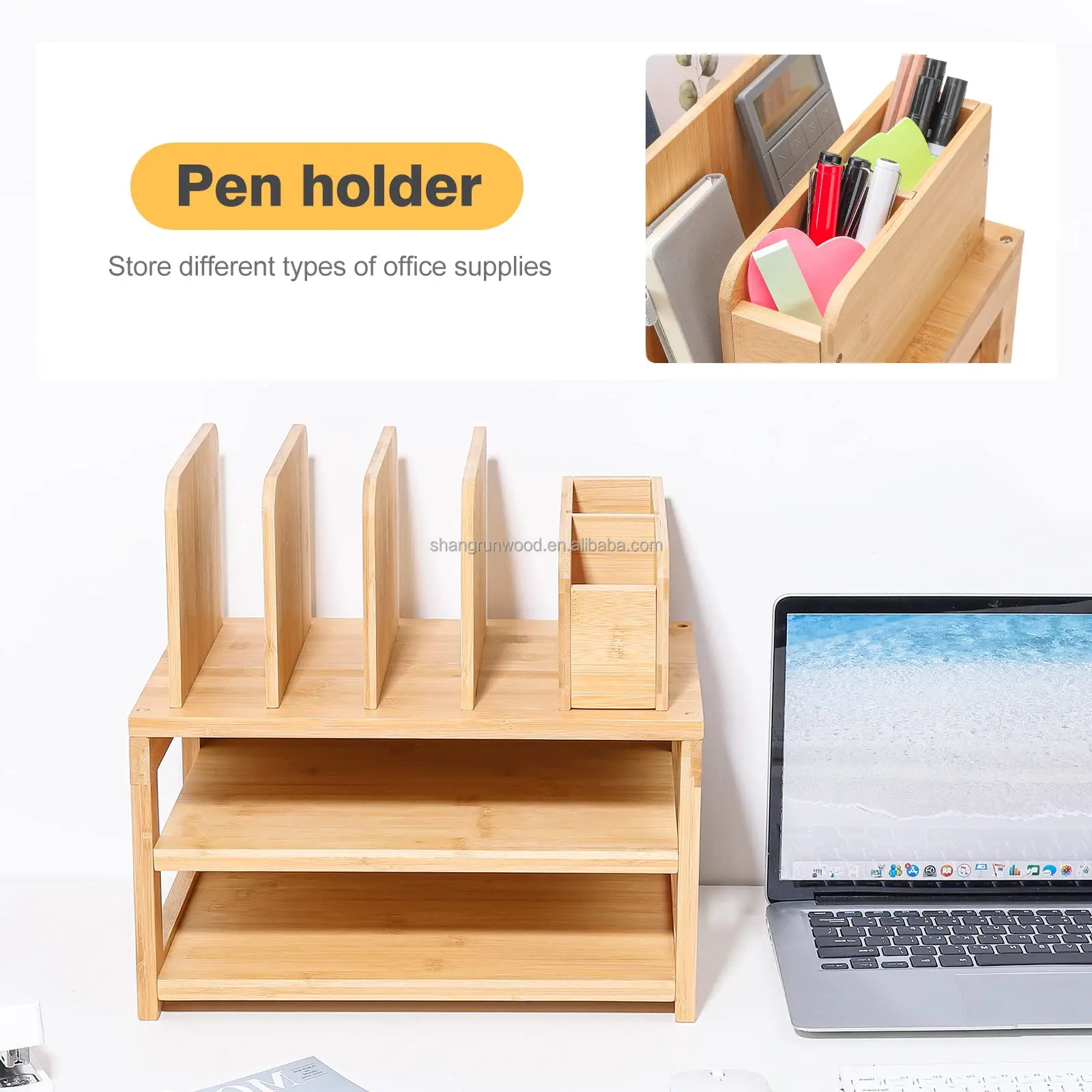 Adjustable Bamboo Desktop Drawer Organizer Pen Holder Letter Paper Tray ...