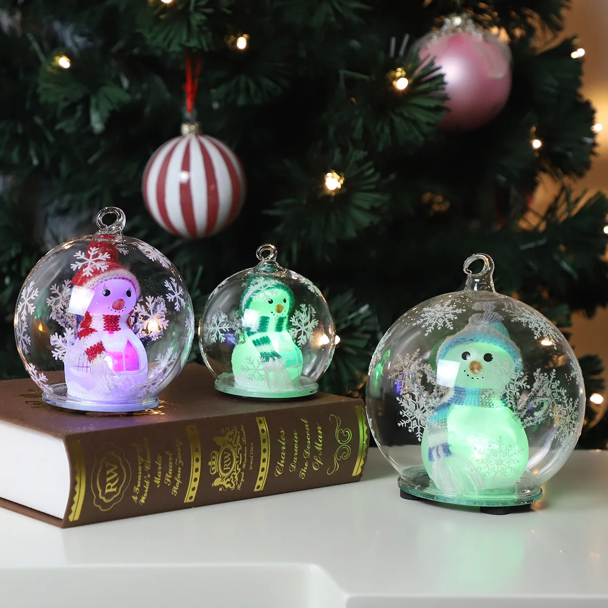 10 cm glass LED bauble with mini glass snowman animated plush knit doll craft figurines inside hanging ornaments factory