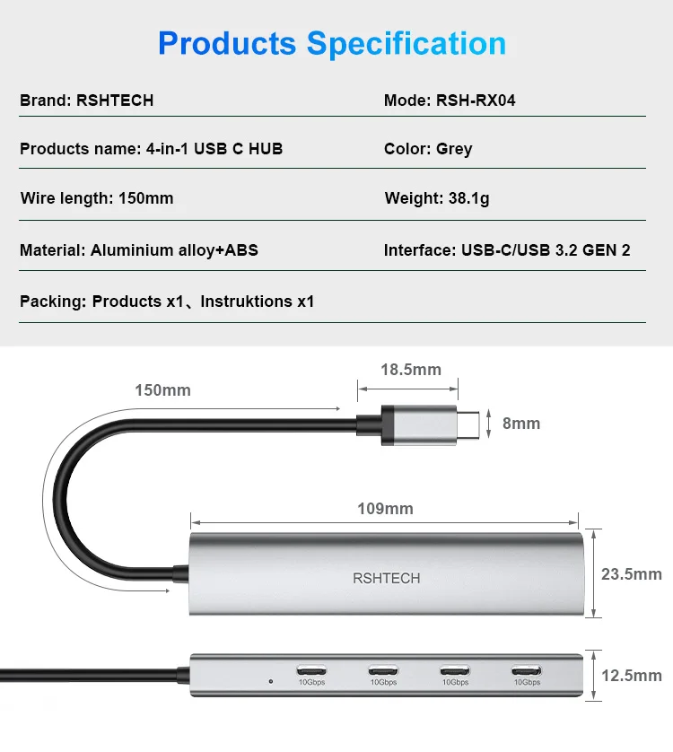 Rshtech usb c type c 3 2 gen2 hub with 4 ports 4 in 1 10gbps usb hubs