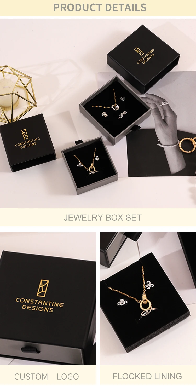 2024 A1 Simple Black Elegant Custom Logo Printed Paper Drawer Jewelry Box Unique Packaging Pendant Stud Ring Earring Gift Box manufacture