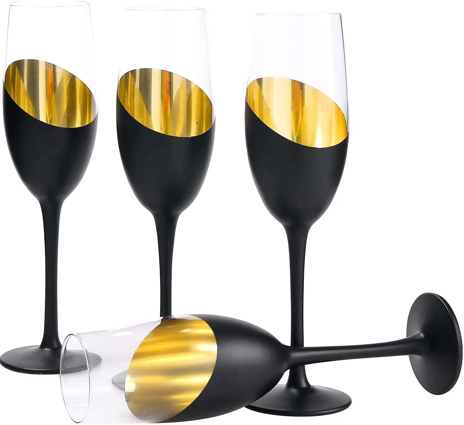 Stemmed Champagne Flute Glasses with Matte Black and Gold Plated Design, 8 oz, Set of 6