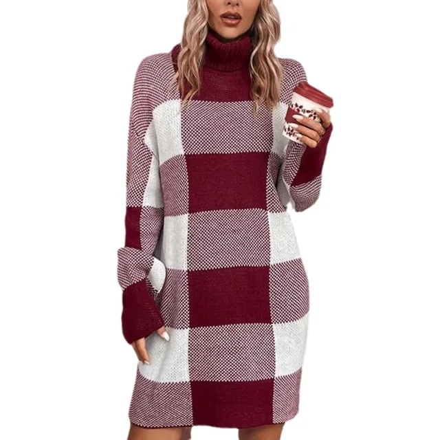 Women's fashion Christmas contrasting plaid loose and slimming high necked knitted sweater dress for women