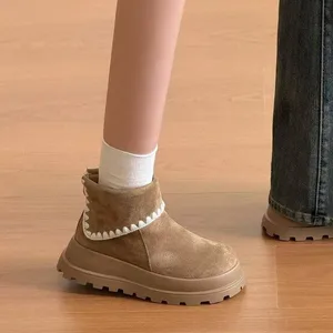 Women's British Style Suede Short Boots Winter Slip-On Height Increasing Shoes with Flat Heel Breathable Features