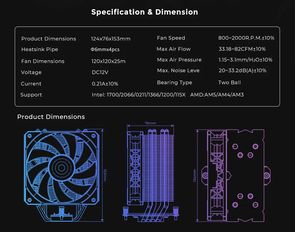 Alseye Cpu Air Cooler 200w Tdp 6mm X 4 Copper Heat Pipes Cpu Cooler