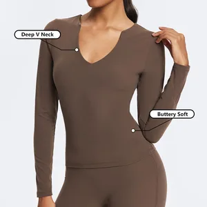 Wholesale Women Compression Sports Tight Yoga Shirt Elastic Slim Training Deep V-Neck Long Sleeved Breathable Front Skin