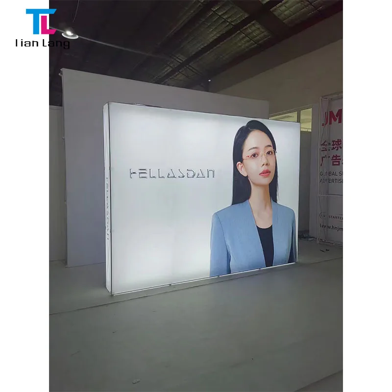 Modern Portable Custom Exhibition Stand SEG Tensyon Fabric Light Box Free Stand Backdrop Wall Booth Pop Up Backlit Backdrop