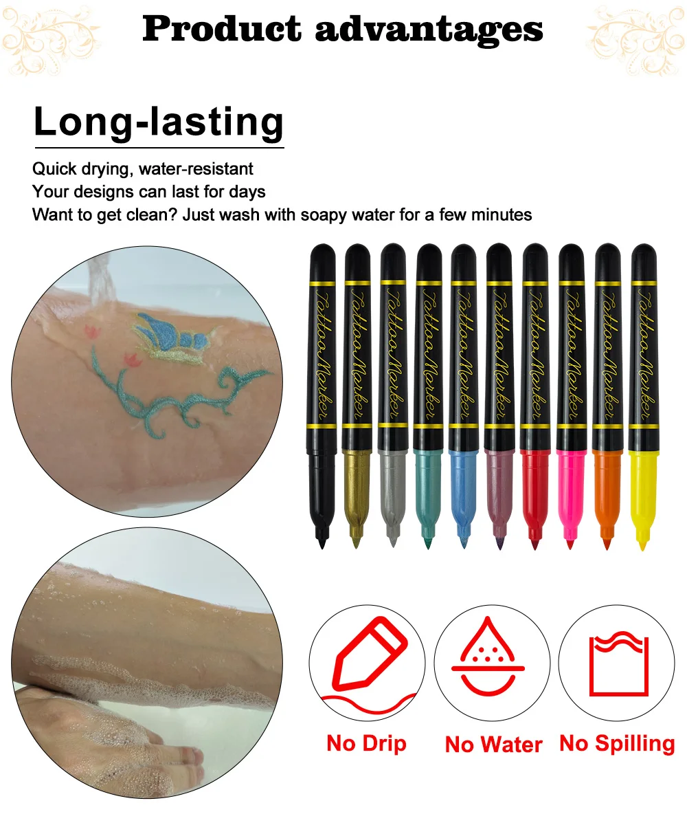 6-PCS Temporary Tattoo Markers for Skin Washable Markers-Removable Tattoo  Markers Multi-coloured Skin Safe Tattoo Kit for Teens Kids Adults Tattoo  Pens for Body & Face Art with 3 Tattoo Stencil Papers