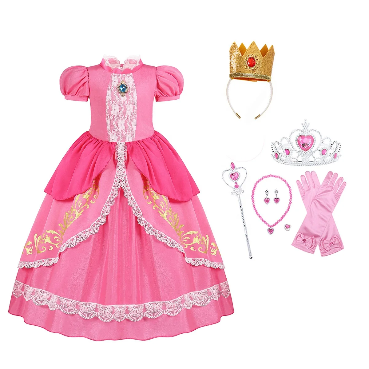 Kids Halloween Princess Peach Costume Dress For Girls Cosplay Performance Party Outfit Marios And Princess Peach Fancy Dress