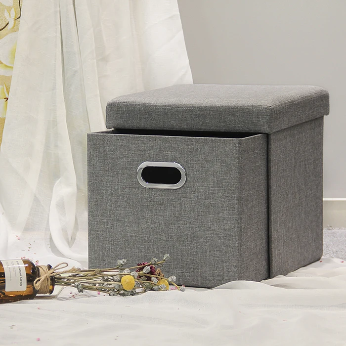 HStex Wholesale Grey Linen Fabric Foot Stools Home Furniture Foldable Storage Drawer Ottoman Small