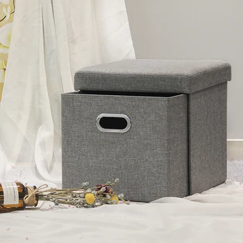 HStex Wholesale Grey Linen Fabric Foot Stools Home Furniture Foldable Storage Drawer Ottoman Small