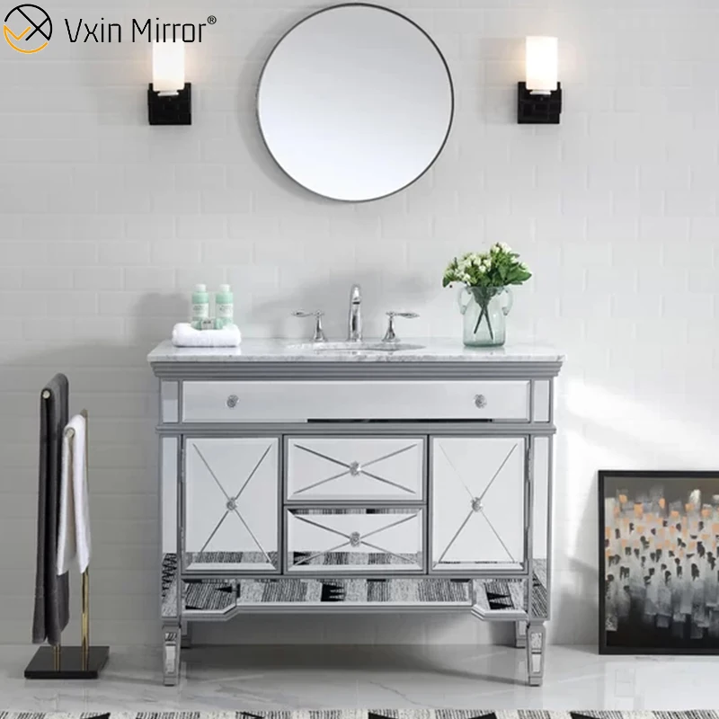 Cheap Custom Waterproof Luxury Glass Modern Silver Toilet Bathroom Vanity With Sink