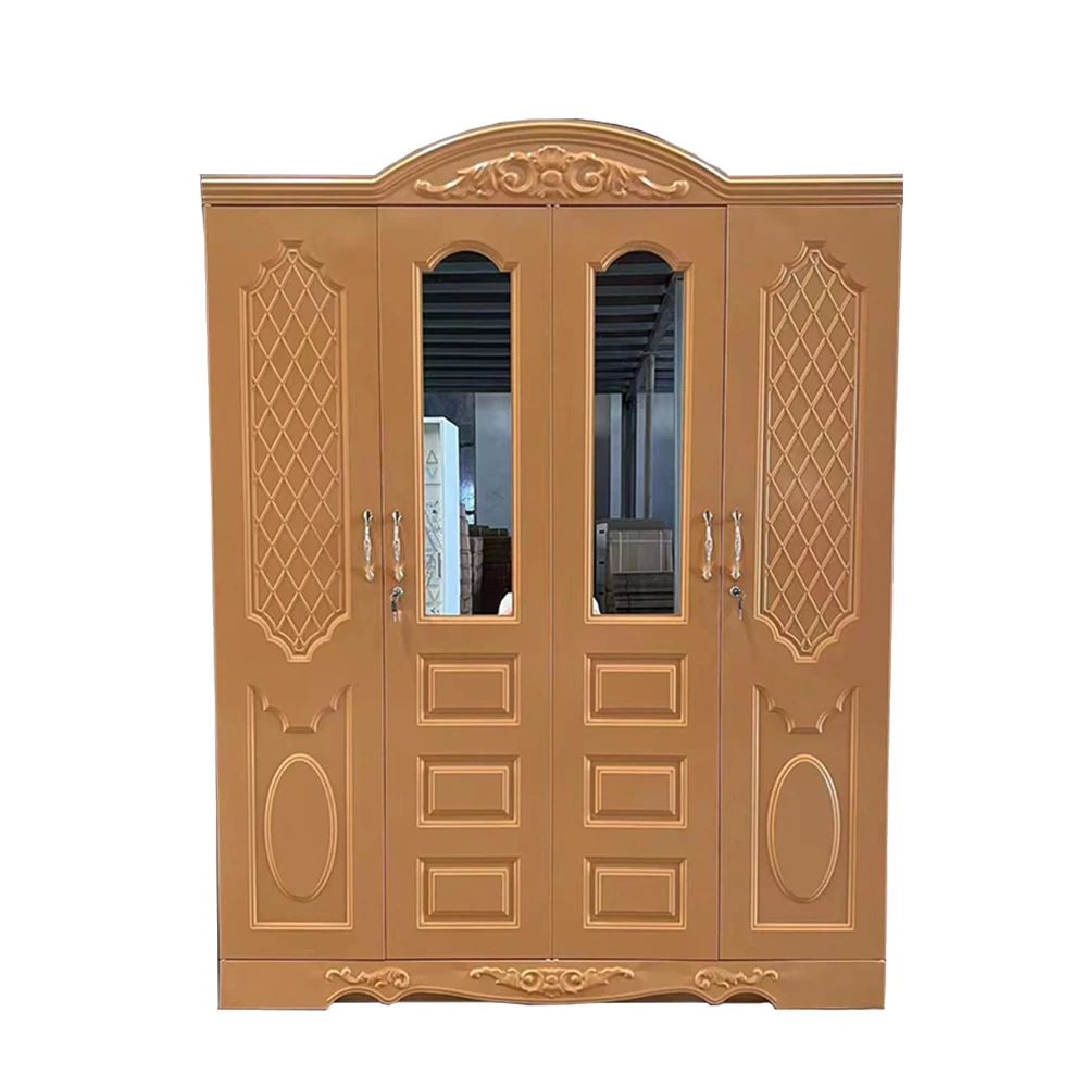 2025  Steel Imprint Pattern Almirah 3 Swing Door Metal Wardrobe Metal Cabinet Lemari Iron Printing Wardrobe With Mirror