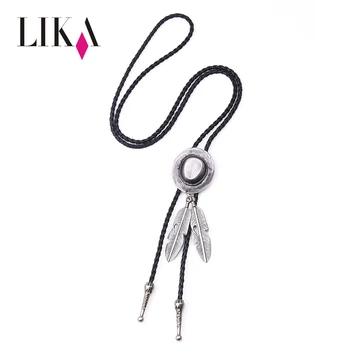 LIKA Jewelry Vintage Punk Long Charm Alloy West Cowboy Hat Style Braided Cord And Feather Leather Necklace Pendant