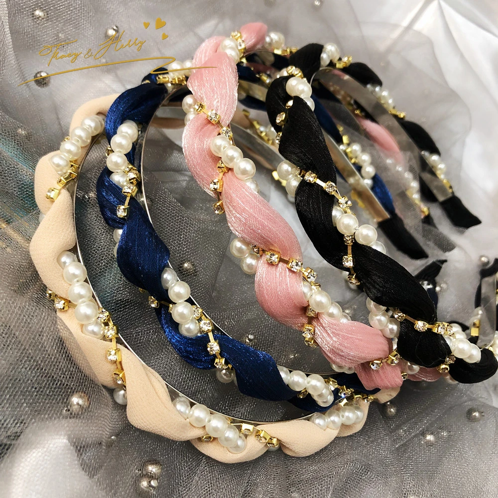 SIX 456-886 Bandeau élastique avec fleurs et strass et perles ornementales 