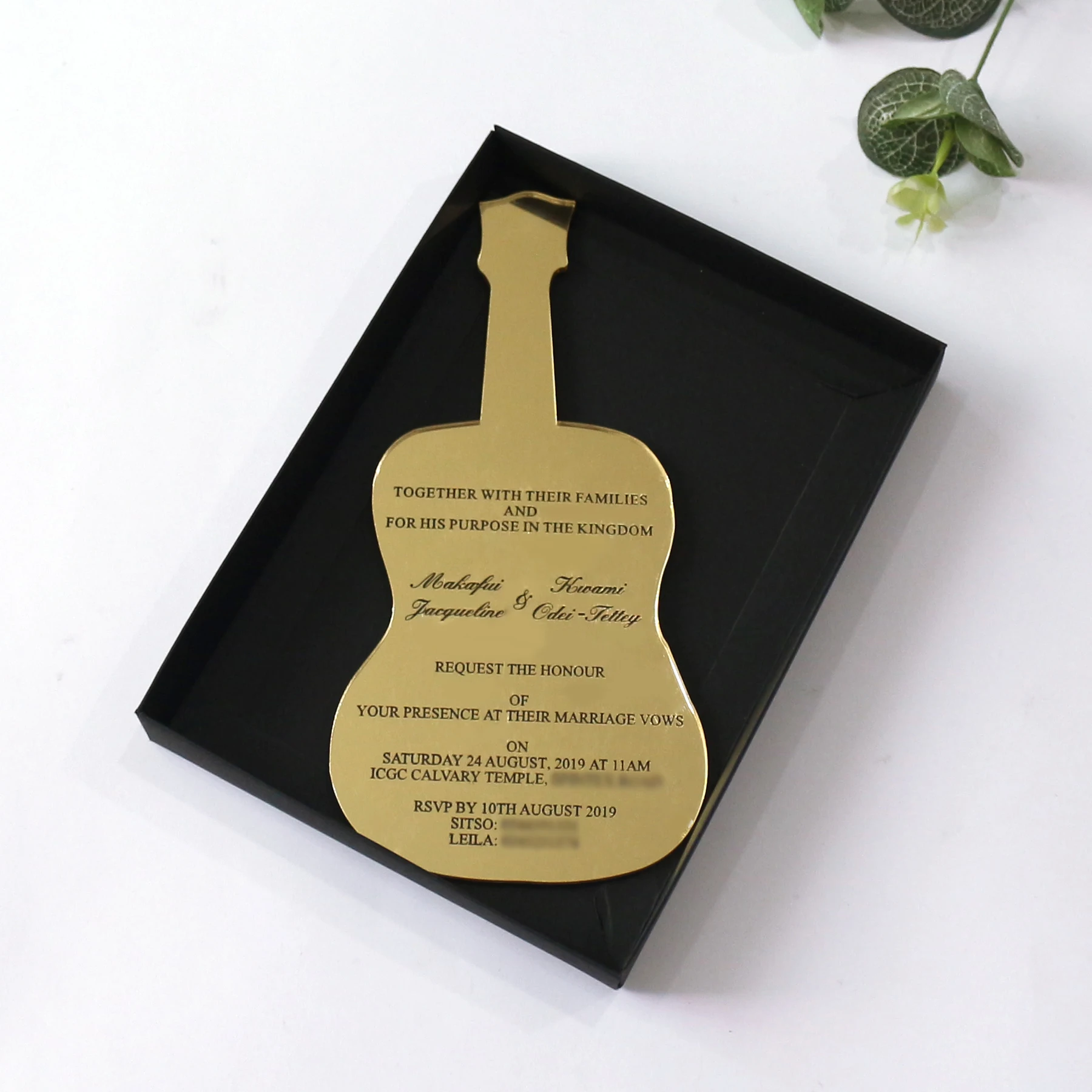 Music-Themed Guitar Shape Gold Mirror Acrylic Wedding Invitation with Black Box