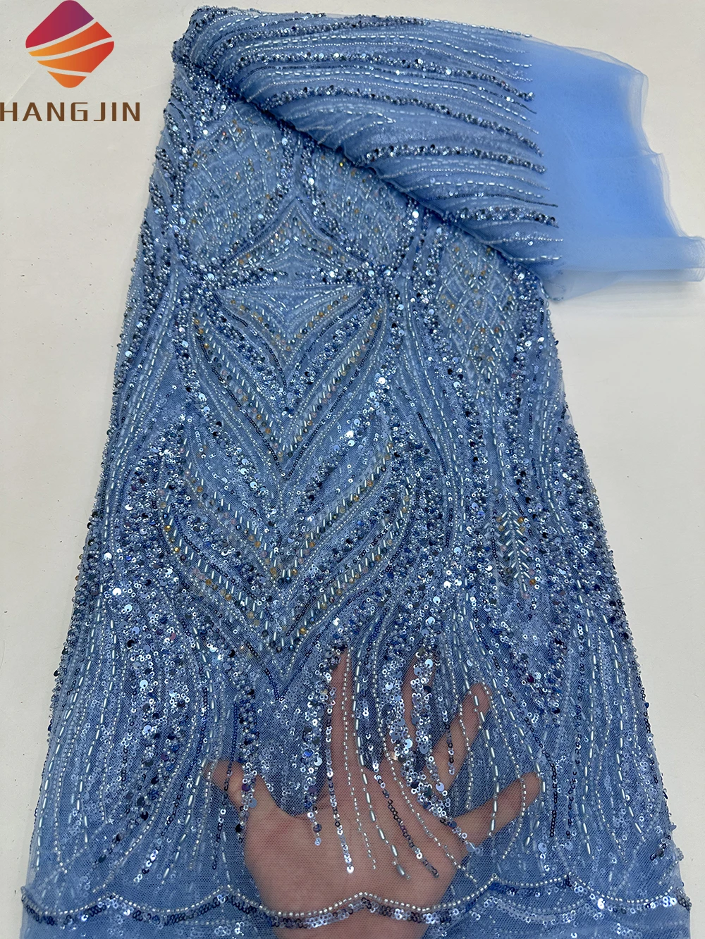 Latest Design Sequins Embroidery African French Tulle Lace Heavy Beaded Luxury 3D Lace Fabric With Sequence