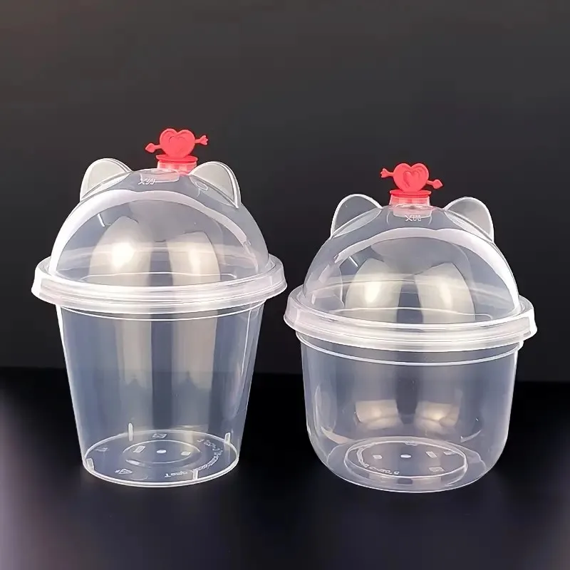 9oz Disposable Plastic Cups With Panda Shape Lids And Spoons For Dessert or Drink Use