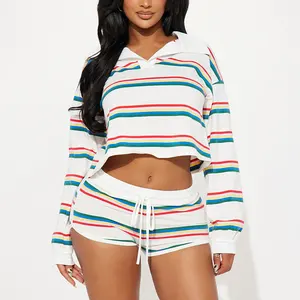Huilong Manufacturer's 2025 Gym Two-Piece Stripe Workout Loungewear Set for Women Custom Logo Long Sleeve Crop Top Knee Skinny