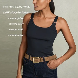 Manufacturer Oem Adjustable Straps Sleeveless tank Tops Women High Stretch Knitted Ribbed Black tank Tops T-shirts